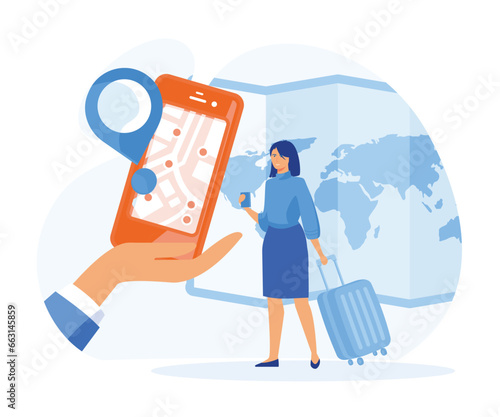 Geofencing as map area boundary for marketing action tiny person concept. GPS satellite navigation usage for smartphone ecommerce system. flat vector modern illustration