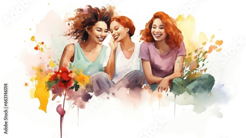 Happy women group for International Women’s day , watercolor style illustration