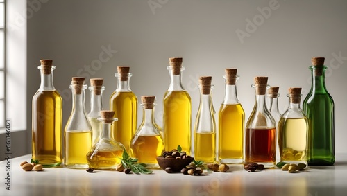 A collection of glass bottles filled with various organic cooking oils