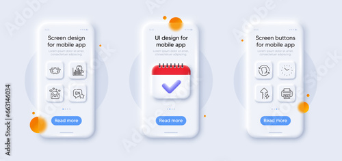 Search, Time and Face id line icons pack. 3d phone mockups with calendar. Glass smartphone screen. English, Print image, Love mail web icon. Star, Energy growing pictogram. Vector