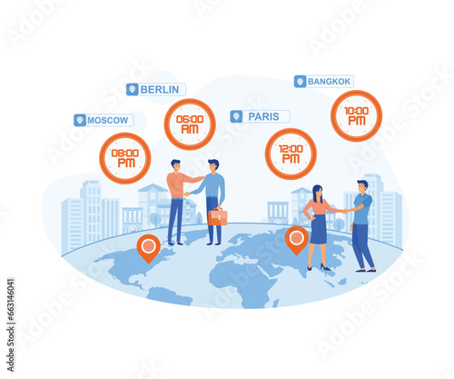 Time zones in world. Clocks showing local timezone. International time and date. Tiny people business worldwide. flat vector modern illustration 