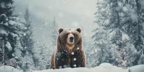 a image grizzly bear waling snowstorm, AI Generative photo