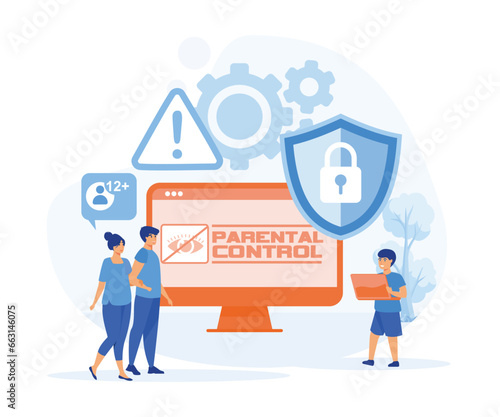 Dad and mom block prohibited or inappropriate content on social media. Parents provide safe internet for daughter. flat vector modern illustration