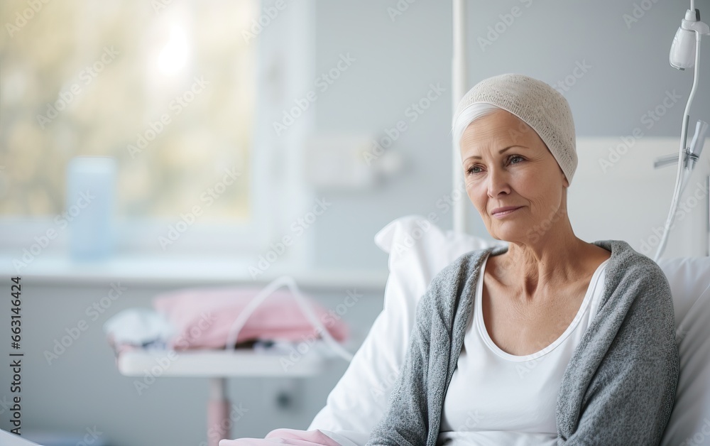Fototapeta premium Senior sad woman wearing headscarf, suffering from bone cancer sitting alone at a hospital