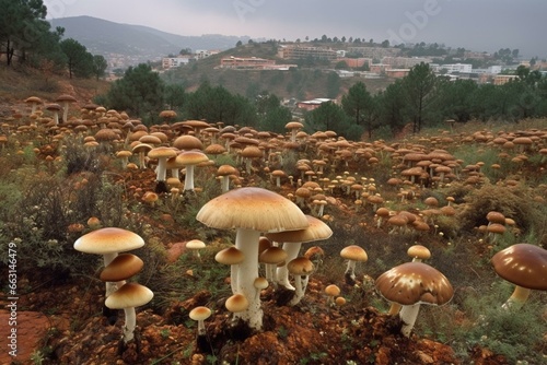 Mushrooms growing in hilly landscapes. Generative AI