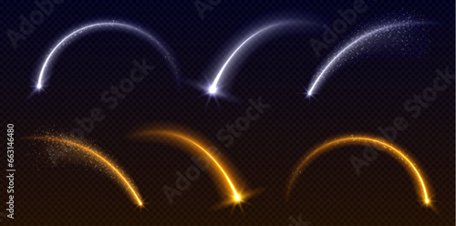 Star shooting arc light with magic beam sparkle. Neon curve arch line with glitter shine. Glowing celebration overlay element. Transparent swirl set with dust splatter tail in gold and blue.