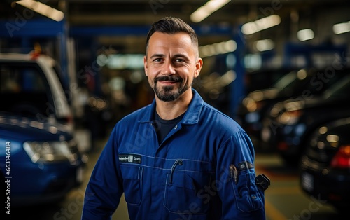 man examining car engine. Auto mechanic working in garage.Car Mechanic Detailed Vehicle Inspection. Auto Service Center Theme.