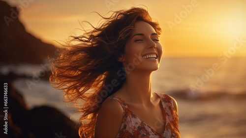 Portrait of calm happy smiling free woman with open arms and closed eyes enjoys a beautiful moment life on the seashore at sunset time #663146633
