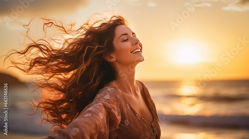 Portrait of calm happy smiling free woman with open arms and closed eyes enjoys a beautiful moment life on the seashore at sunset time © LaxmiOwl