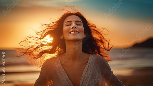 Portrait of calm happy smiling free woman with open arms and closed eyes enjoys a beautiful moment life on the seashore at sunset time