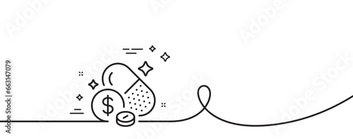 Medicine prices line icon. Continuous one line with curl. Medical pills price sign. Capsule or pill supplement symbol. Medicine price single outline ribbon. Loop curve pattern. Vector