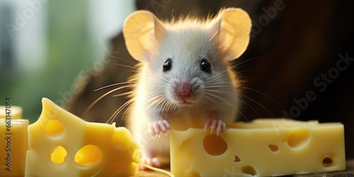 a illustration Cute mouse standing by eating delicious cheese, AI Generative