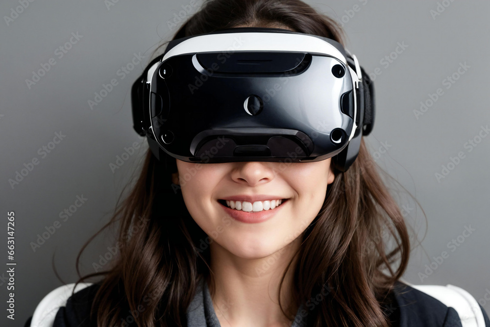 Portrait of a woman smiling with VR headset Portrait of a woman smiling with VR headset