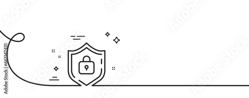Shield line icon. Continuous one line with curl. Internet protection sign. Password secure symbol. Shield single outline ribbon. Loop curve pattern. Vector
