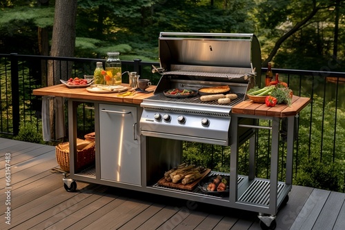 Outdoor cooking setup with premium barbecue grill, convenient access, storage, and additional features. Generative AI