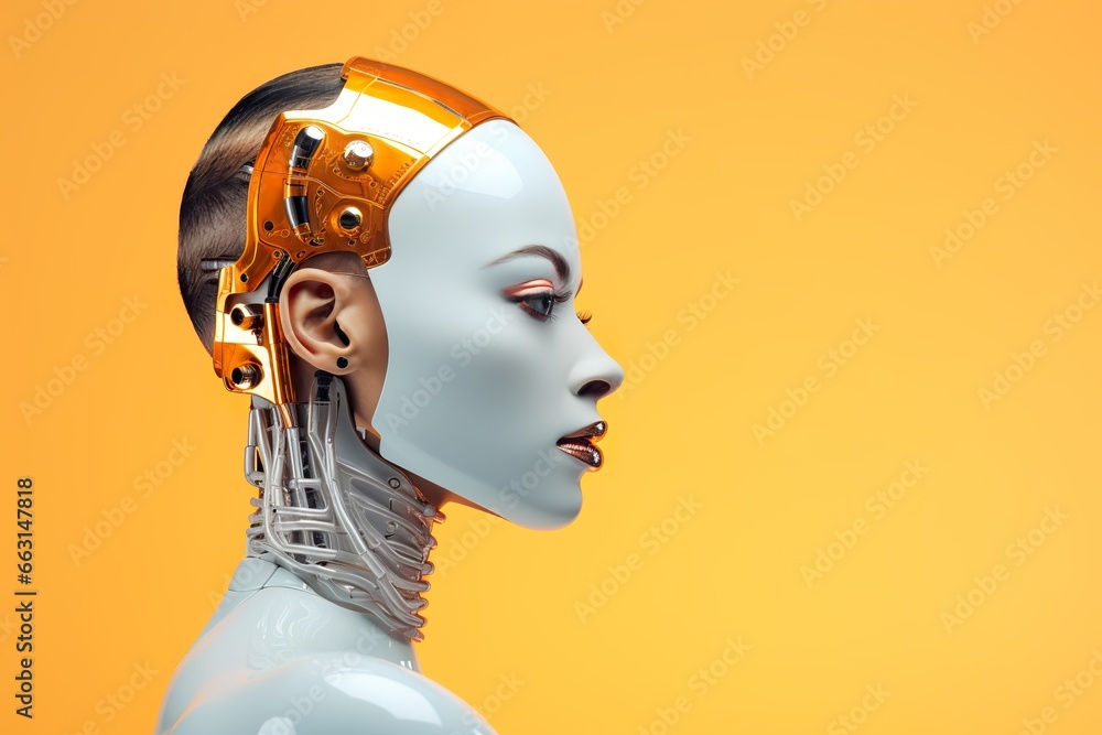 futuristic ai robot woman looking straight, got creative idea in her mind, orange and yellow colours futuristic ai robot woman looking straight, got creative idea in her mind, orange and yellow colours