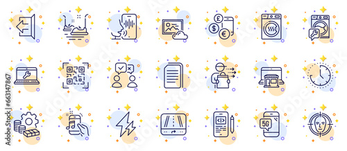 Outline set of People voting, Currency rate and Voicemail line icons for web app. Include Phone code, Dryer machine, Food delivery pictogram icons. Electricity, Washing machine. Vector