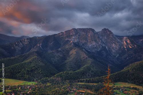 The Sleeping Knight in the first rays of the rising sun, Giewont. Tatra Mountains