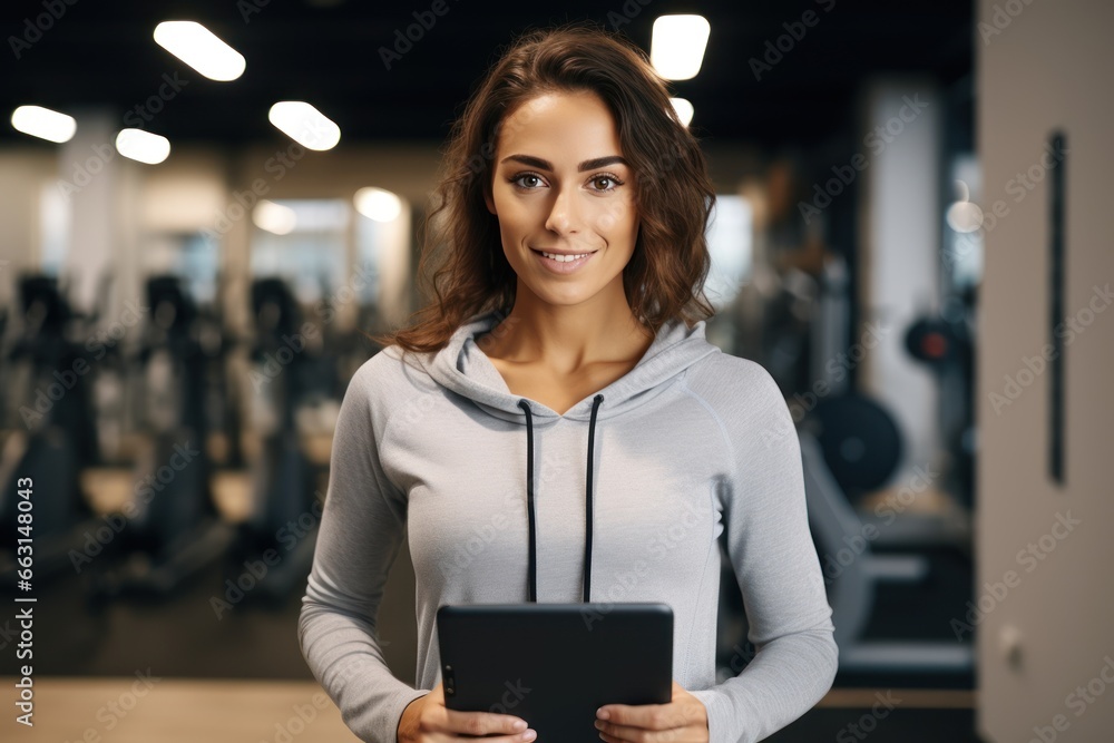 Portrait of a female personal trainer holding tablet and looking at the camera.