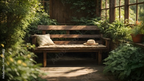 A cozy corner in your garden with a wooden bench surrounded by lush greenery. © Visual Aurora