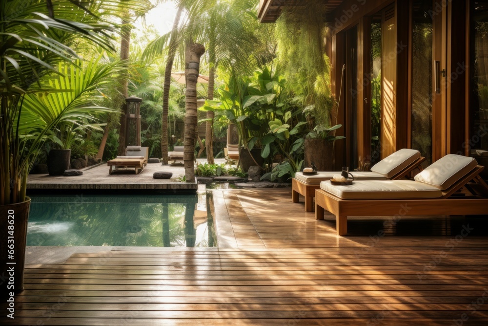 Spa setting near pool on bamboo sunlight. Exotic nature therapy bright soft. Generate Ai