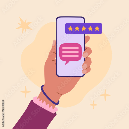 Hand holding smartphone with review 5 stars rating on screen. Online consumer feedback satisfaction survey concept. Hand drawn vector illustration isolated on light background, flat cartoon style.