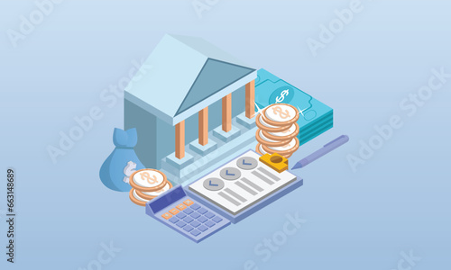 Coins, banknotes, financial documents located near the government finance department or tax office column building, public financial audit concept.on blue background.3D design.isometric vector design © K