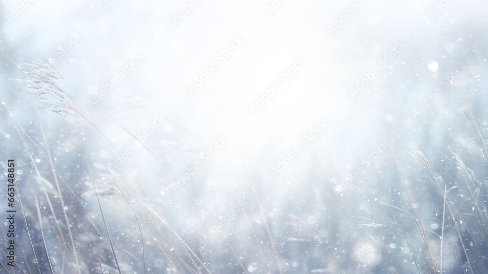 beautiful winter background, blurred snowfall in the field, dry blades of grass covered with snow and frost, nature - obrazy, fototapety, plakaty 