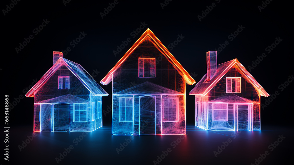 small houses isolated on a black background, layer style neon light pattern, object to overlay small houses isolated on a black background, layer style neon light pattern, object to overlay