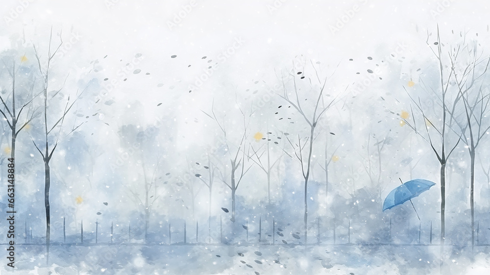 abstract watercolor background snowfall, christmas view blurred blizzard light blue snowflakes on a white city background - obrazy, fototapety, plakaty 