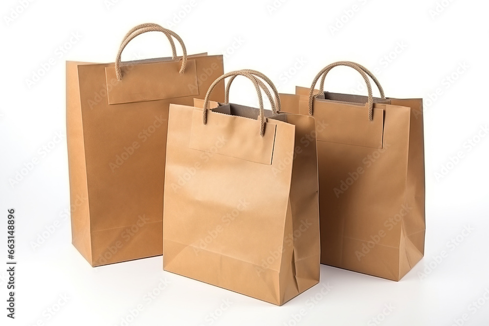 Brown environmental paper bag, white background isolate. AI generated. Brown environmental paper bag, white background isolate. AI generated.