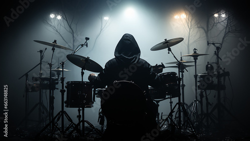 silhouette of a drummer behind a drum kit in a dark environment of stage lighting and fog