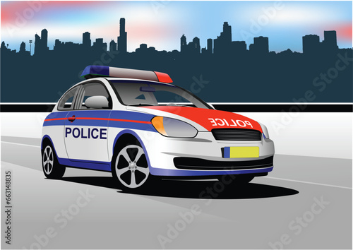 Police car on city panorama background. Vector 3d illustration.