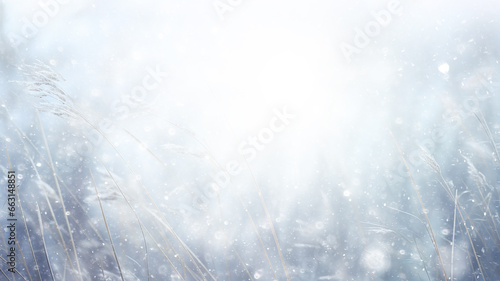 Fotografiet beautiful winter background, blurred snowfall in the field, dry blades of grass