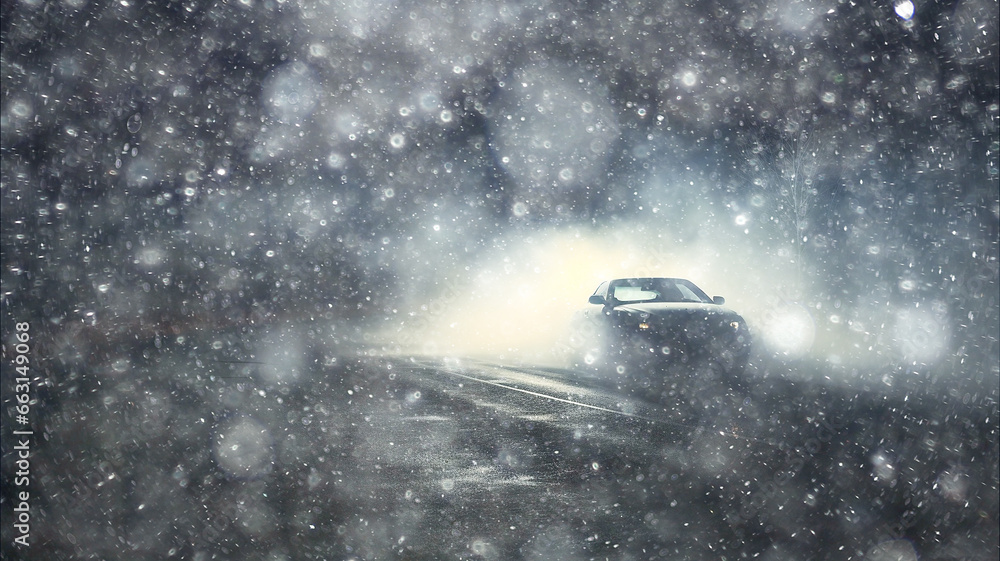 blizzard on the road, dangerous snowfall on the highway car in poor visibility, fog in winter bad weather, blurred background blizzard on the road, dangerous snowfall on the highway car in poor visibility, fog in winter bad weather, blurred background