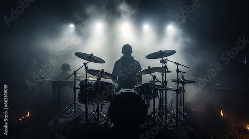 silhouette of a drummer behind a drum kit in a dark environment of stage lighting and fog