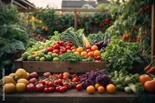 The  elevated garden bed bursting with a variety of fresh  ripe vegetables and fruits.