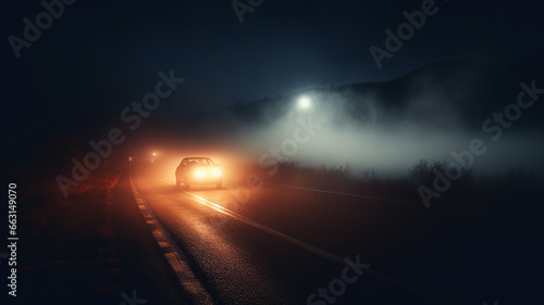 dangerous autumn road in fog and rain, slippery asphalt twilight on the highway car concept background