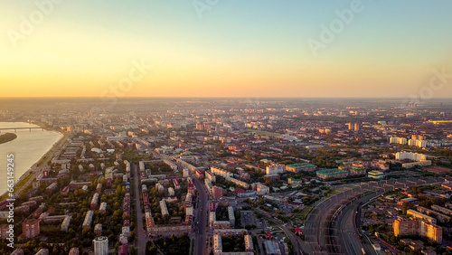 Russia  Omsk - July 16  2018  View of the city of Omsk during sunset  From Dron