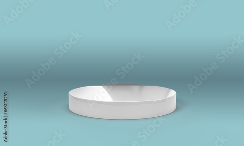 3D rendering of empty space for product display. round pedestal, azure background