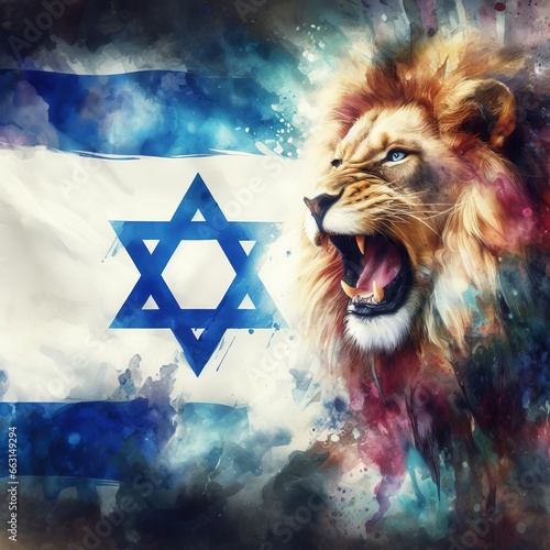 Generative AI image of a lion over a flag of Israel as a background