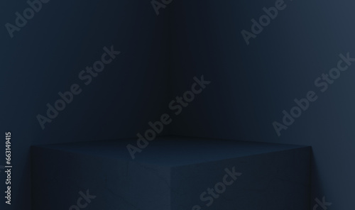3D rendering of empty space for product display. square pedestal, dark blue background