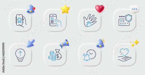 Hold heart, Coins bag and Mobile survey line icons. Buttons with 3d bell, chat speech, cursor. Pack of Swipe up, Payment protection, Social responsibility icon. Vector