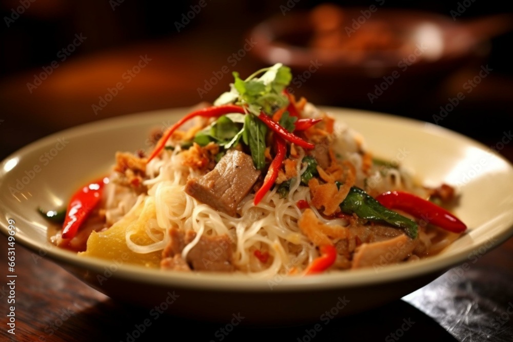 Pork over noodles in an authentic Thai dish. Generative AI