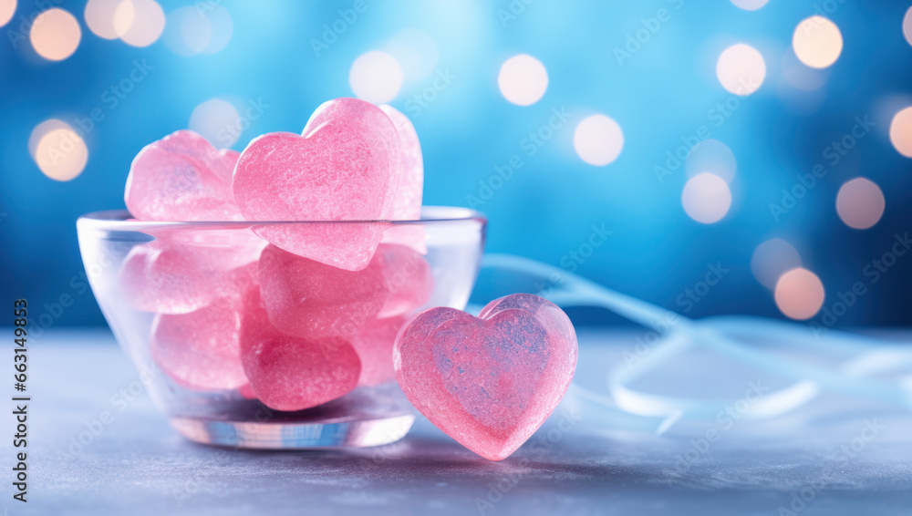 Glittering candy hearts coated in sugar glitter are set against a serene blue background while ethereal bokeh lights dance in the distance Glittering candy hearts coated in sugar glitter are set against a serene blue background while ethereal bokeh lights dance in the distance