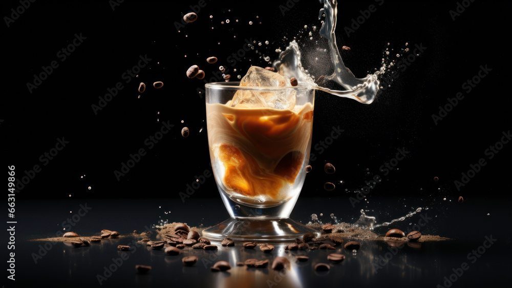 coffee splashing out of a glass with ice cubes on a black background coffee splashing out of a glass with ice cubes on a black background