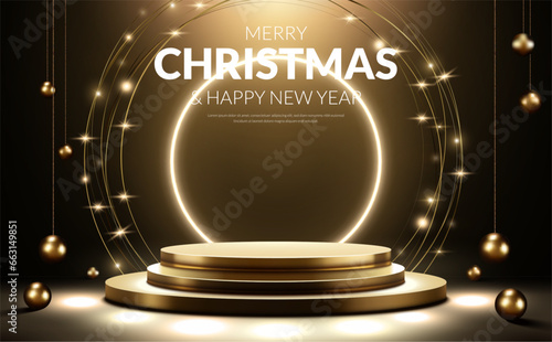 Christmas new year product display, golden podium and neon ring background. Vector illustration