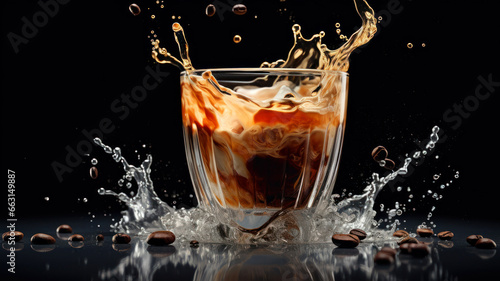 Coffee splash in a glass with coffee beans on black background