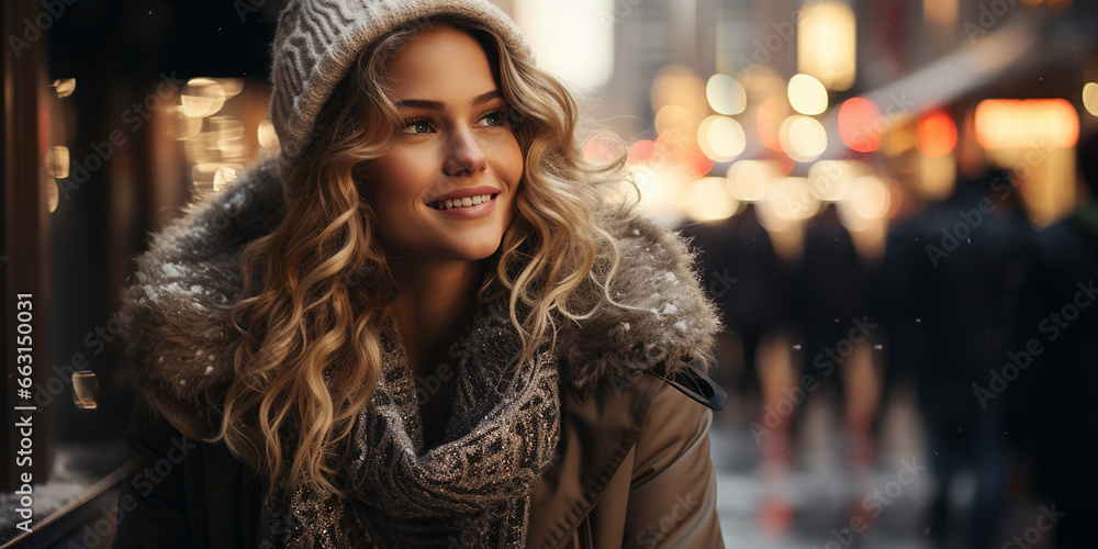 Winter outdoor close up portrait of beautiful happy smiling young woman, posing in street of european city. Winter fashion, Christmas holidays concept. Copy space, banner Winter outdoor close up portrait of beautiful happy smiling young woman, posing in street of european city. Winter fashion, Christmas holidays concept. Copy space, banner