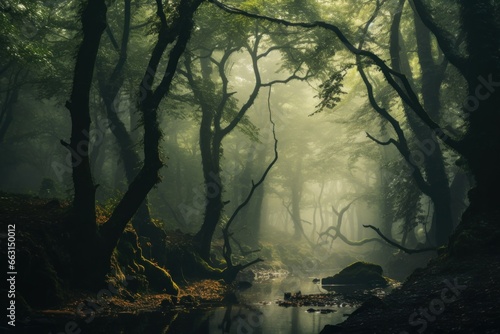 Beautiful trees in forest with small river. Morning fog with color beauty fog. Generate Ai